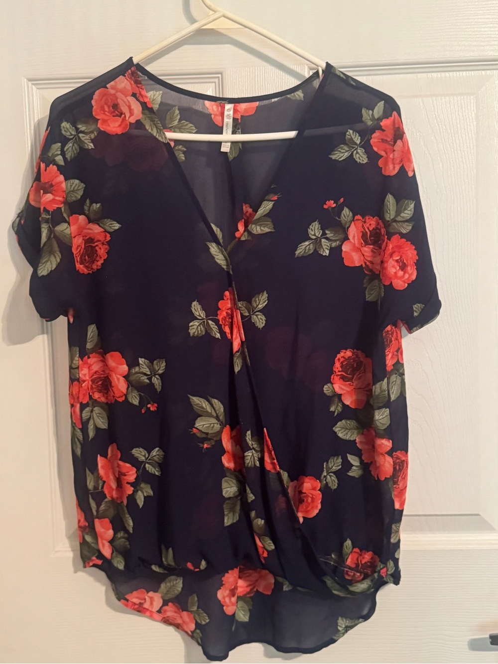 DNA couture Navy Blouse with Red Floral Print
